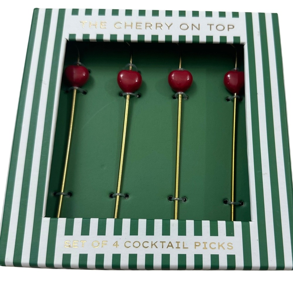 Anthropologie Cherry Stainless Steel Gold Red Cherry Cocktail Picks Set of 4 NEW